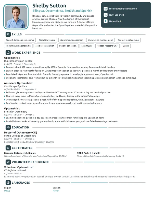 Bilingual Optometrist resume example