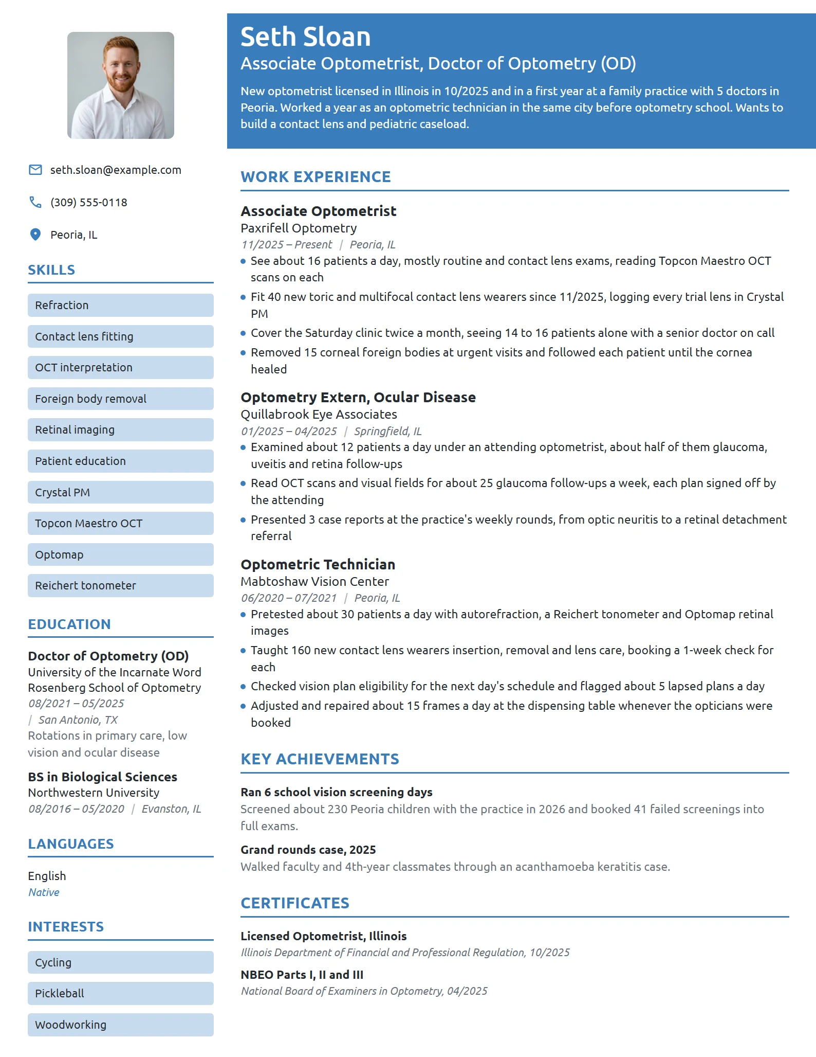 New Grad Optometrist resume example