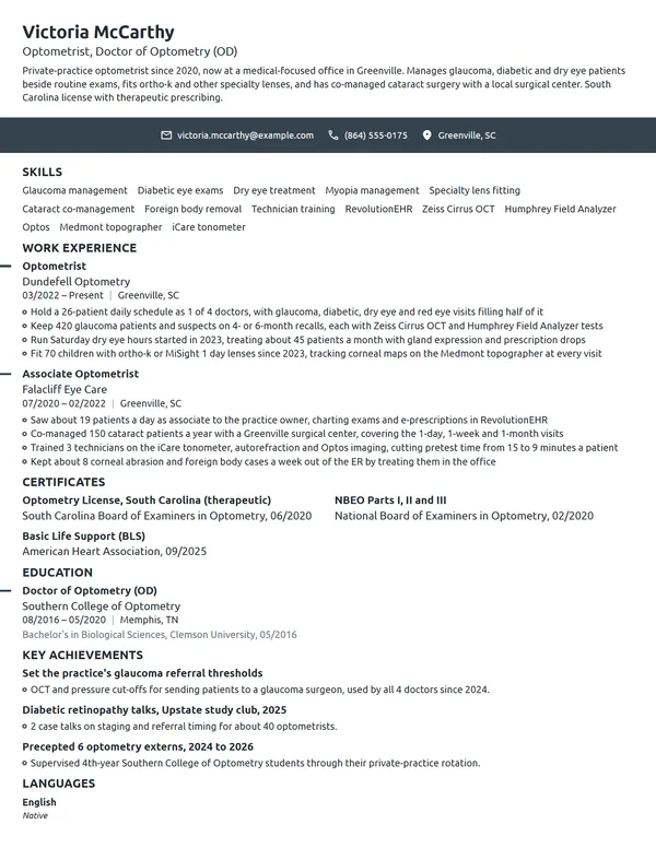 Optometrist resume example