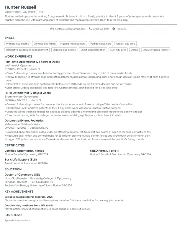 Part-Time Optometrist resume example