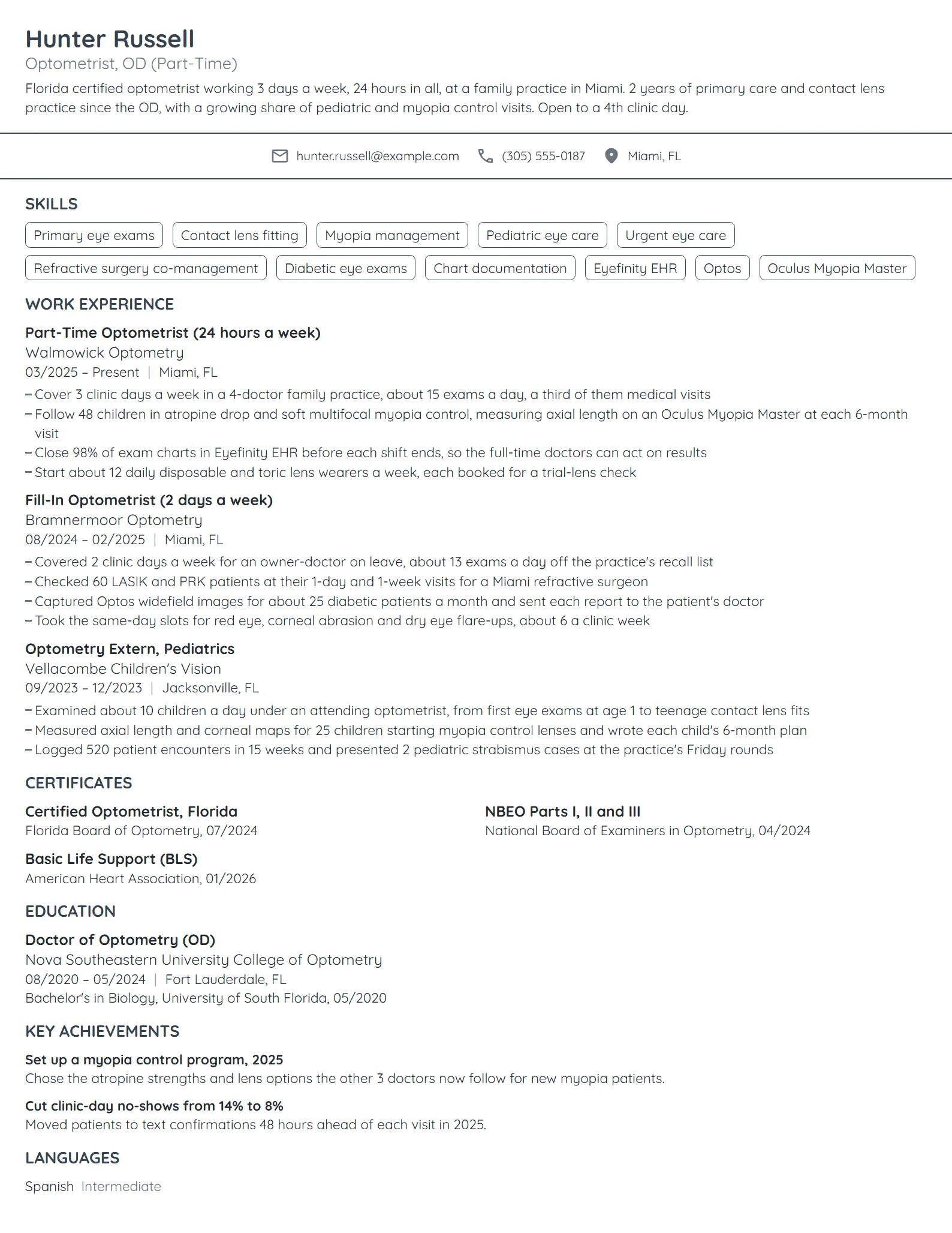 Part-Time Optometrist resume example