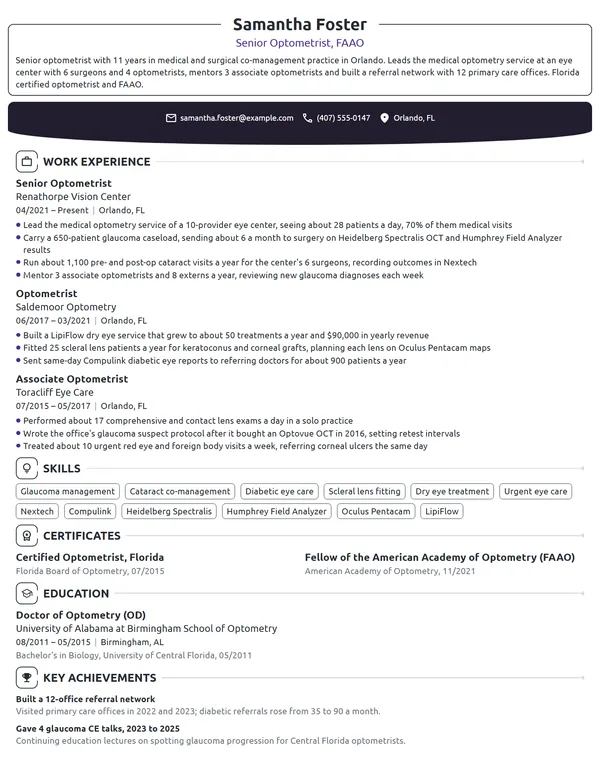 Senior Optometrist resume example