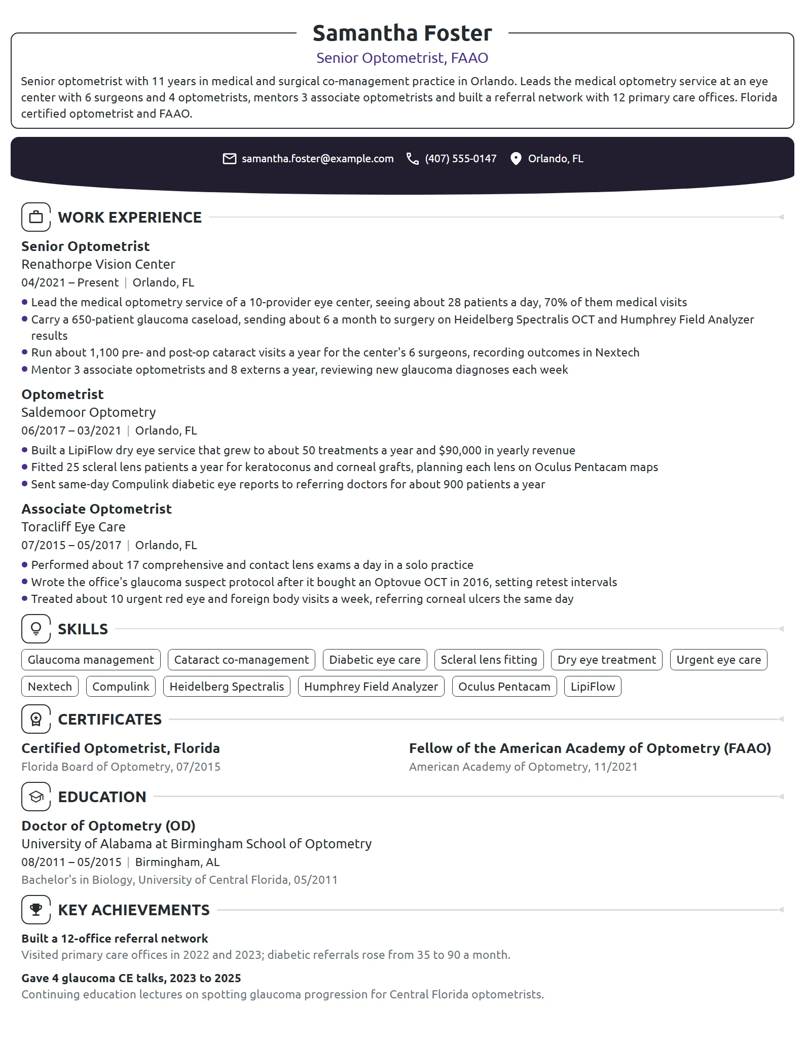 Senior Optometrist resume example