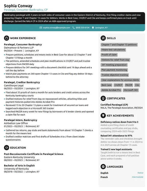 Bankruptcy Paralegal resume example