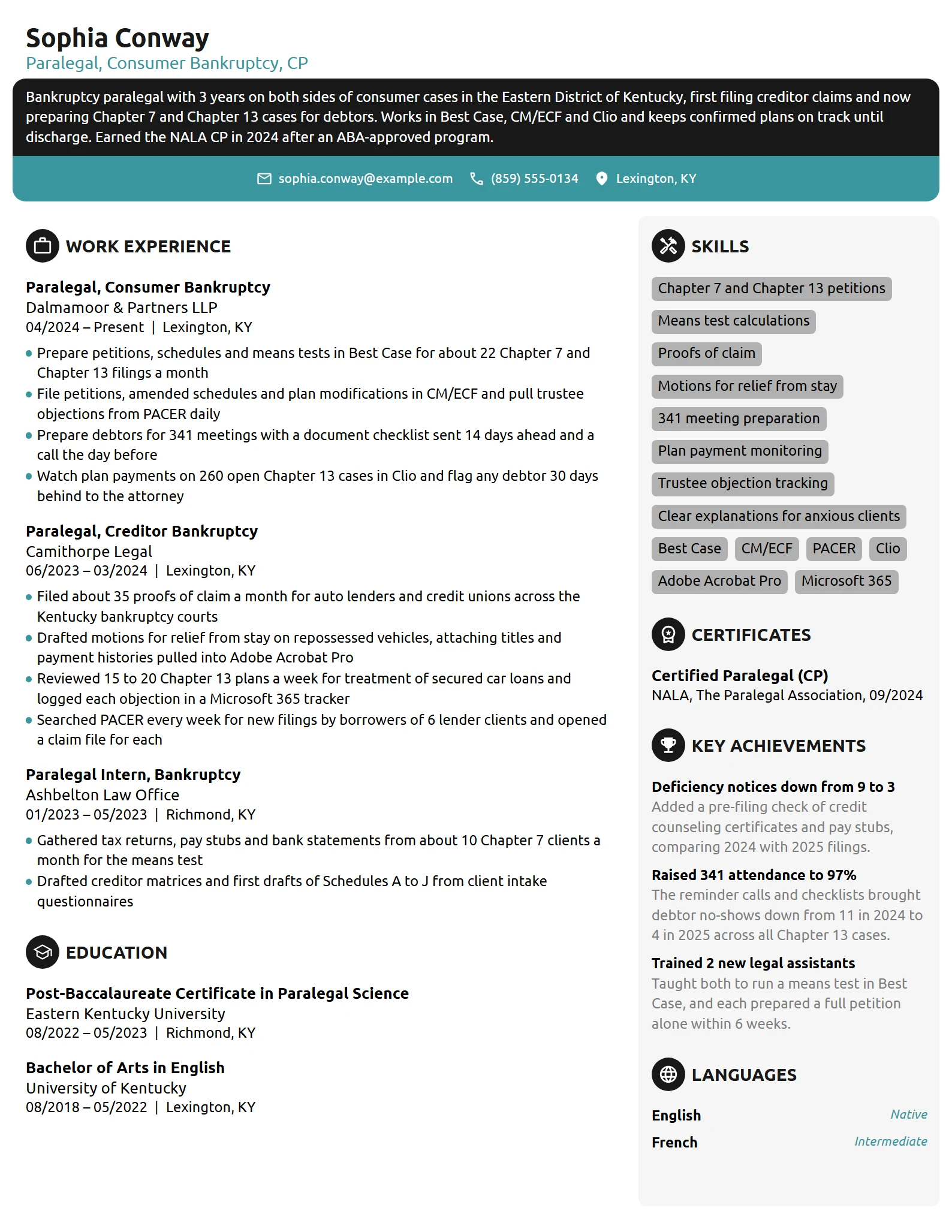 Bankruptcy Paralegal resume example