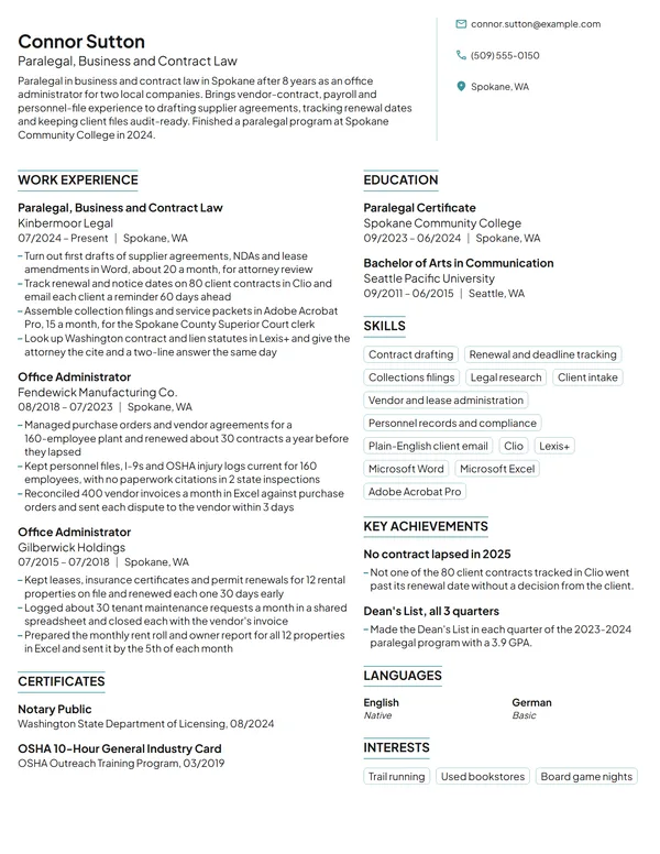 Career Change Paralegal resume example