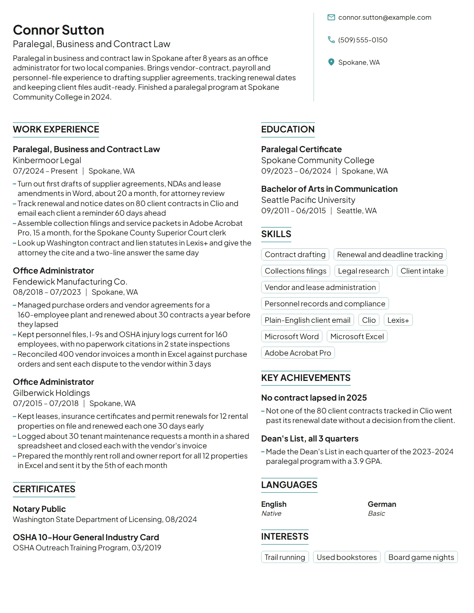 Career Change Paralegal resume example