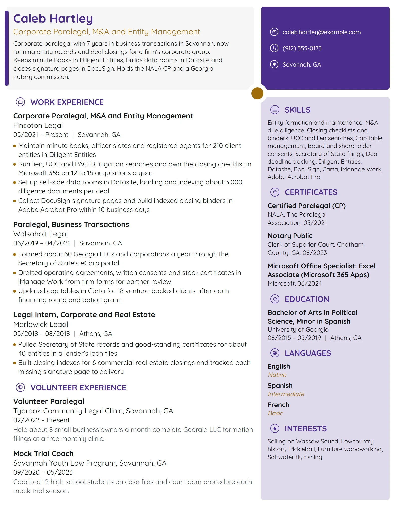 Corporate Paralegal resume example