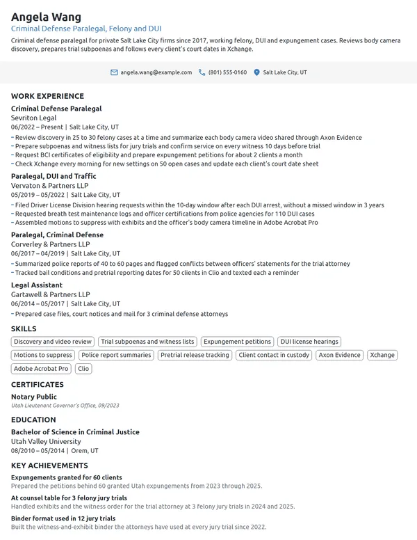 Criminal Defense Paralegal resume example