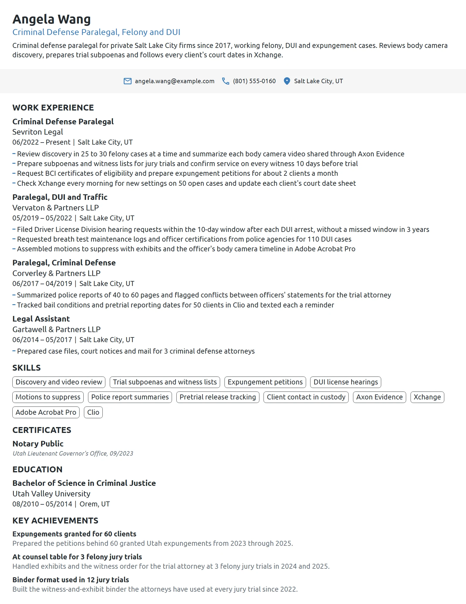 Criminal Defense Paralegal resume example