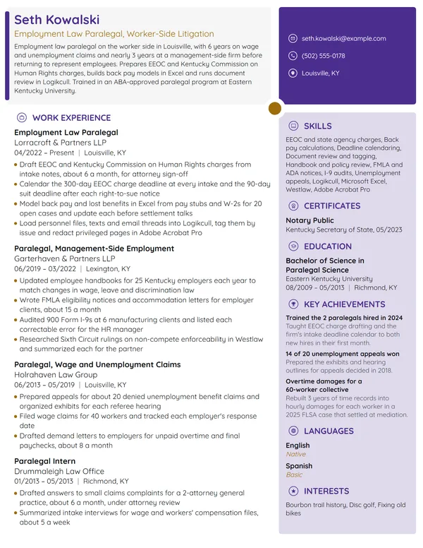 Employment Law Paralegal resume example