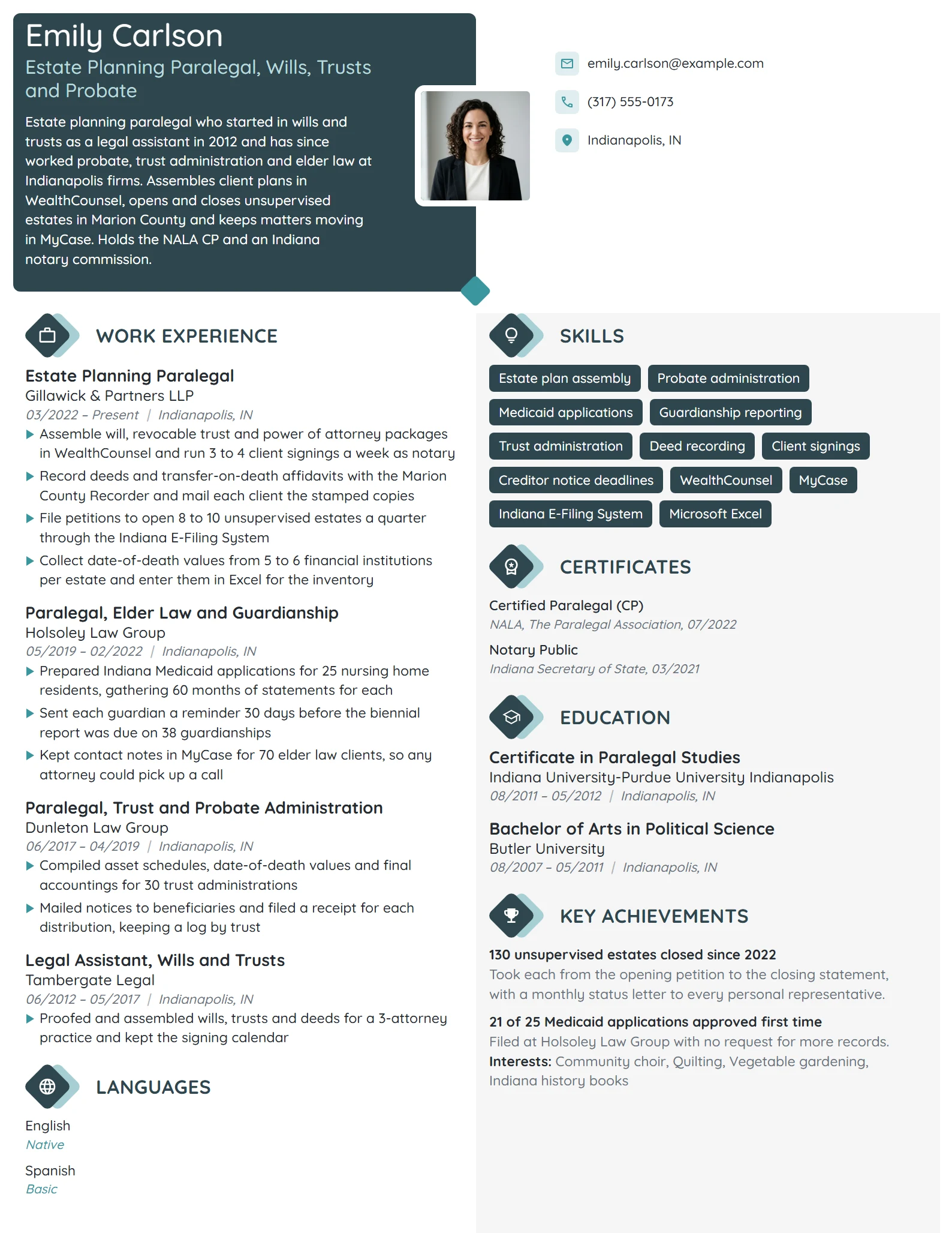 Estate Planning Paralegal resume example
