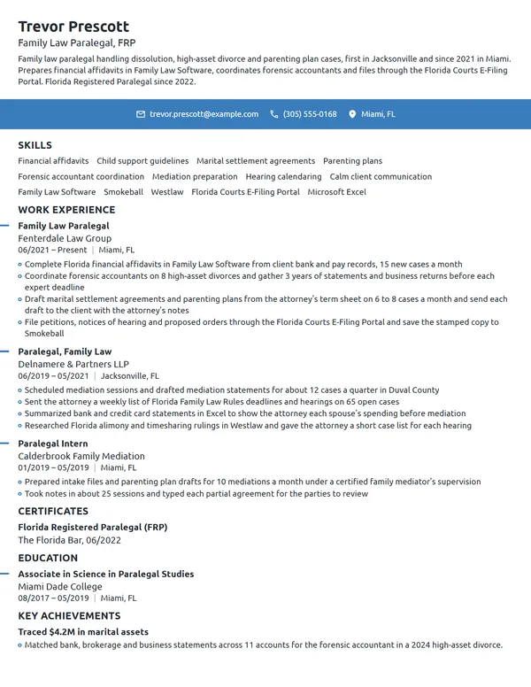 Family Law Paralegal resume example