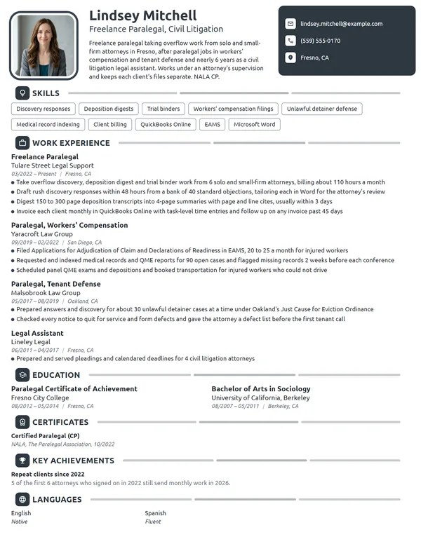 Freelance Paralegal resume example
