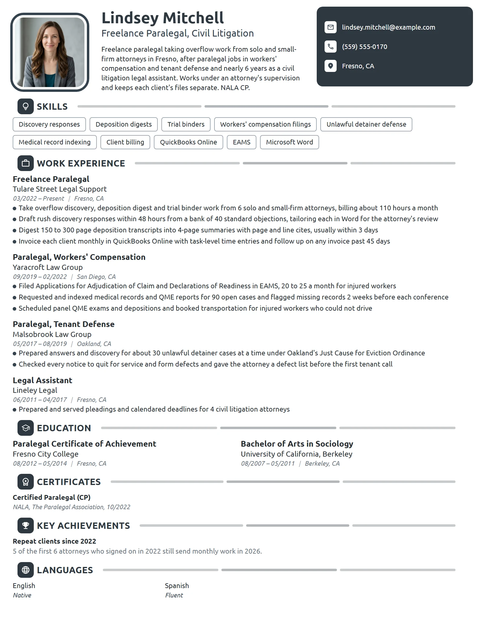 Freelance Paralegal resume example