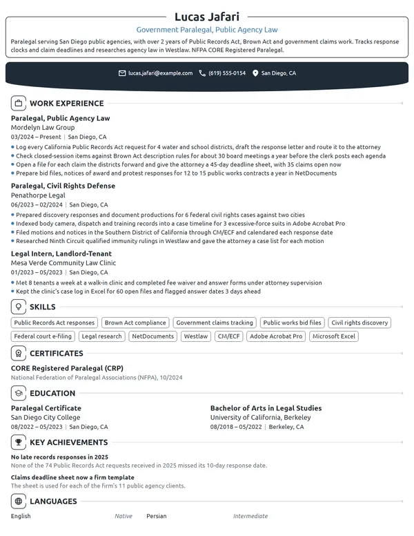 Government Paralegal resume example
