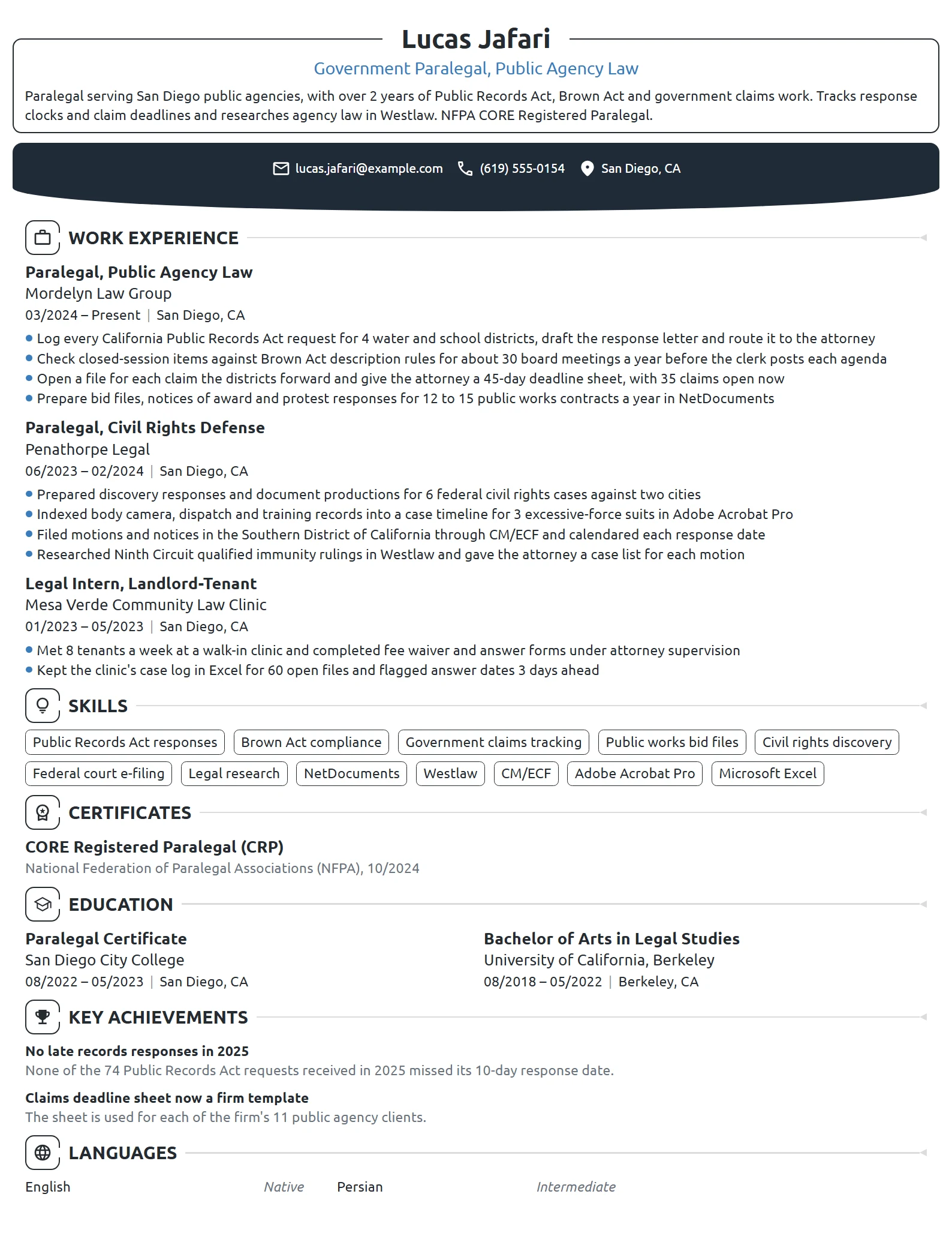 Government Paralegal resume example