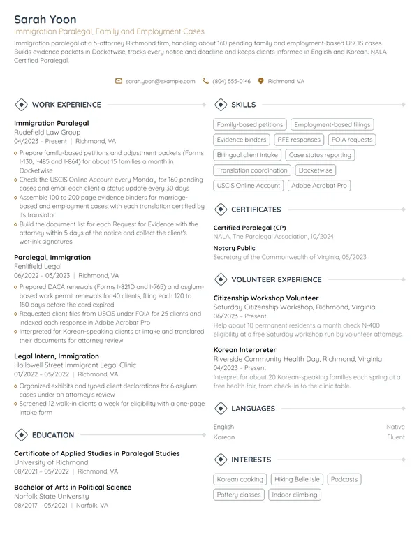 Immigration Paralegal resume example