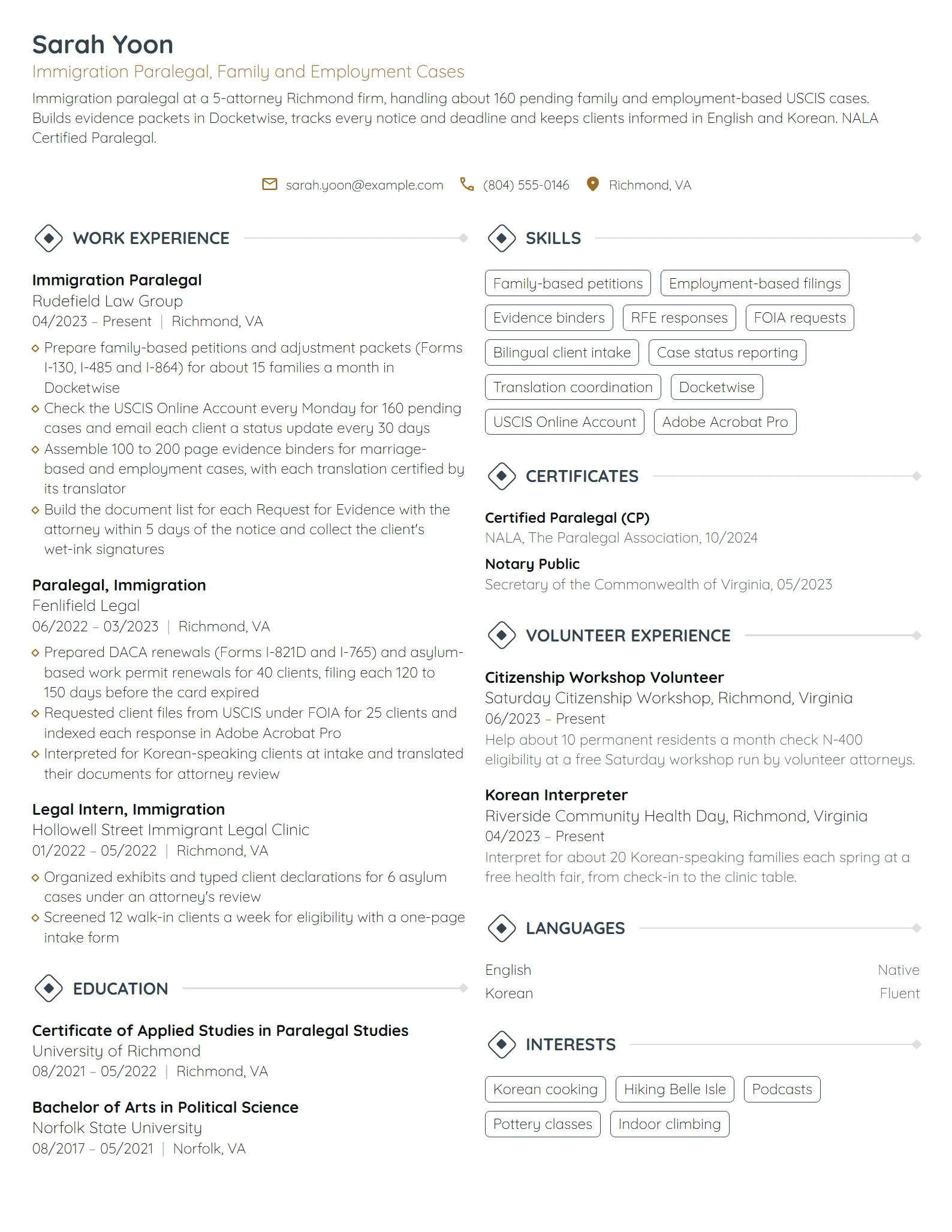 Immigration Paralegal resume example