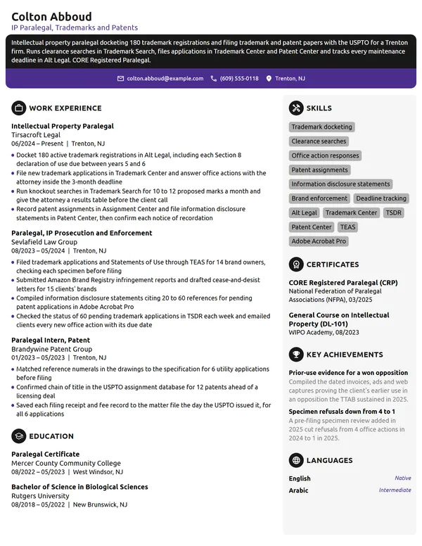 Intellectual Property Paralegal resume example