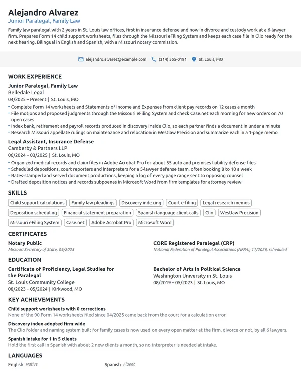 Junior Paralegal resume example