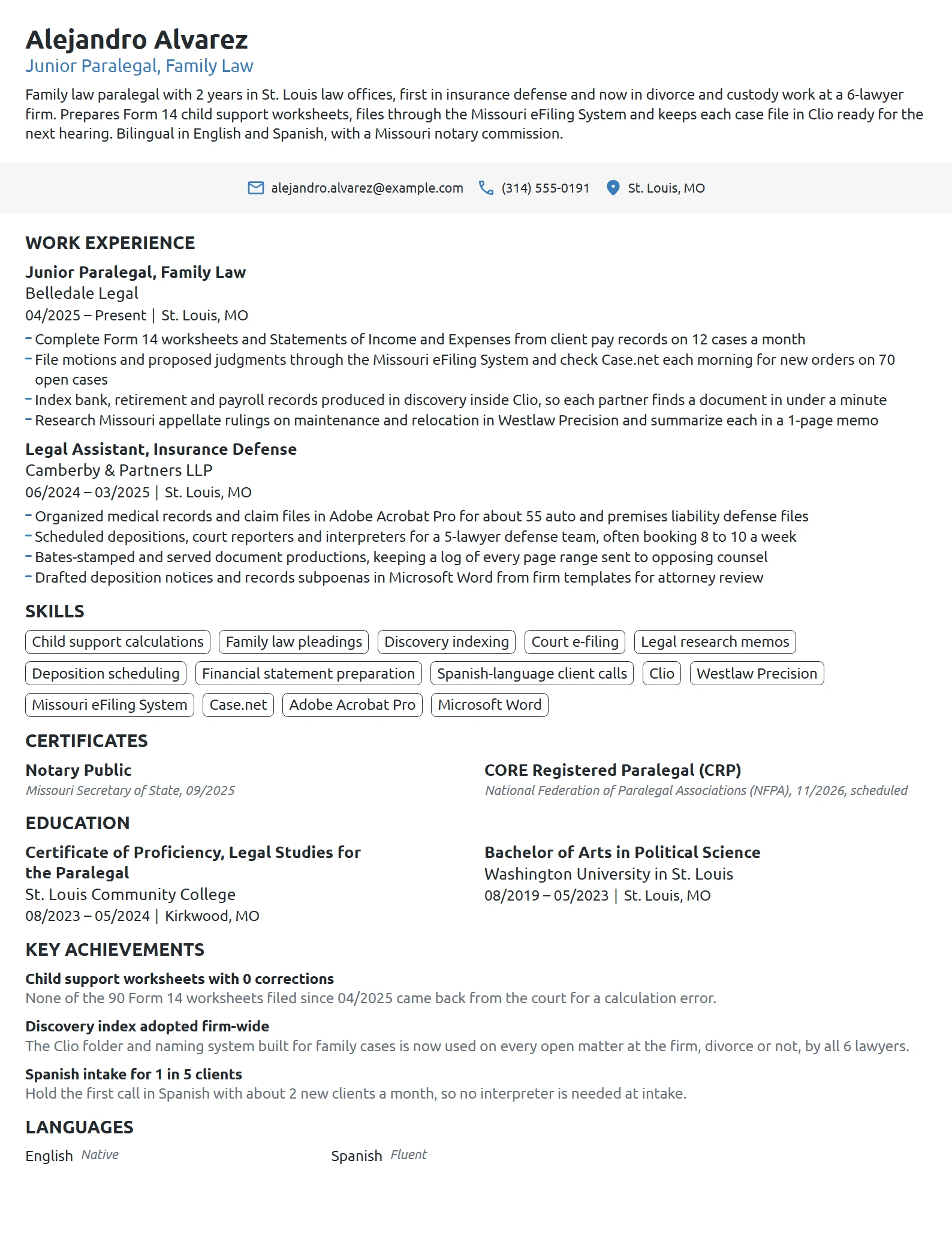 Junior Paralegal resume example