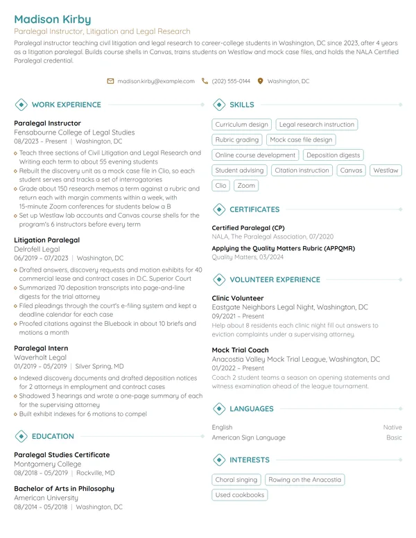 Paralegal Instructor resume example