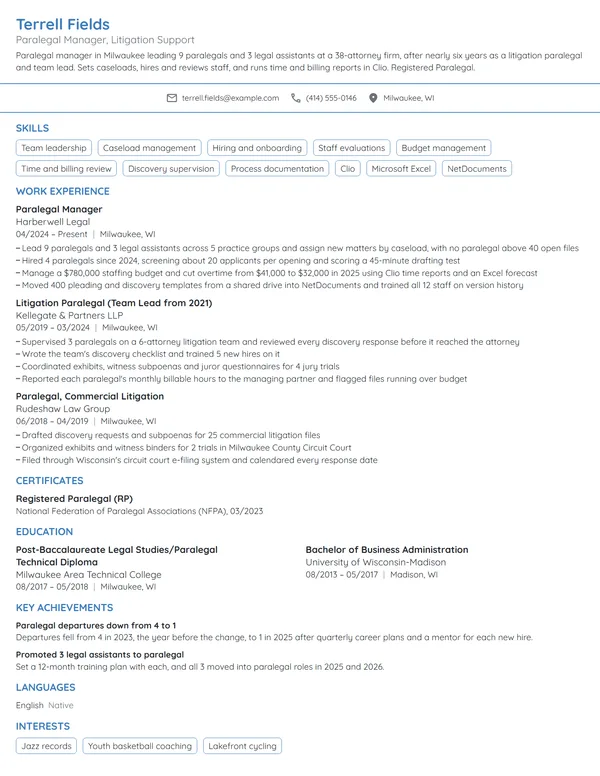 Paralegal Manager resume example