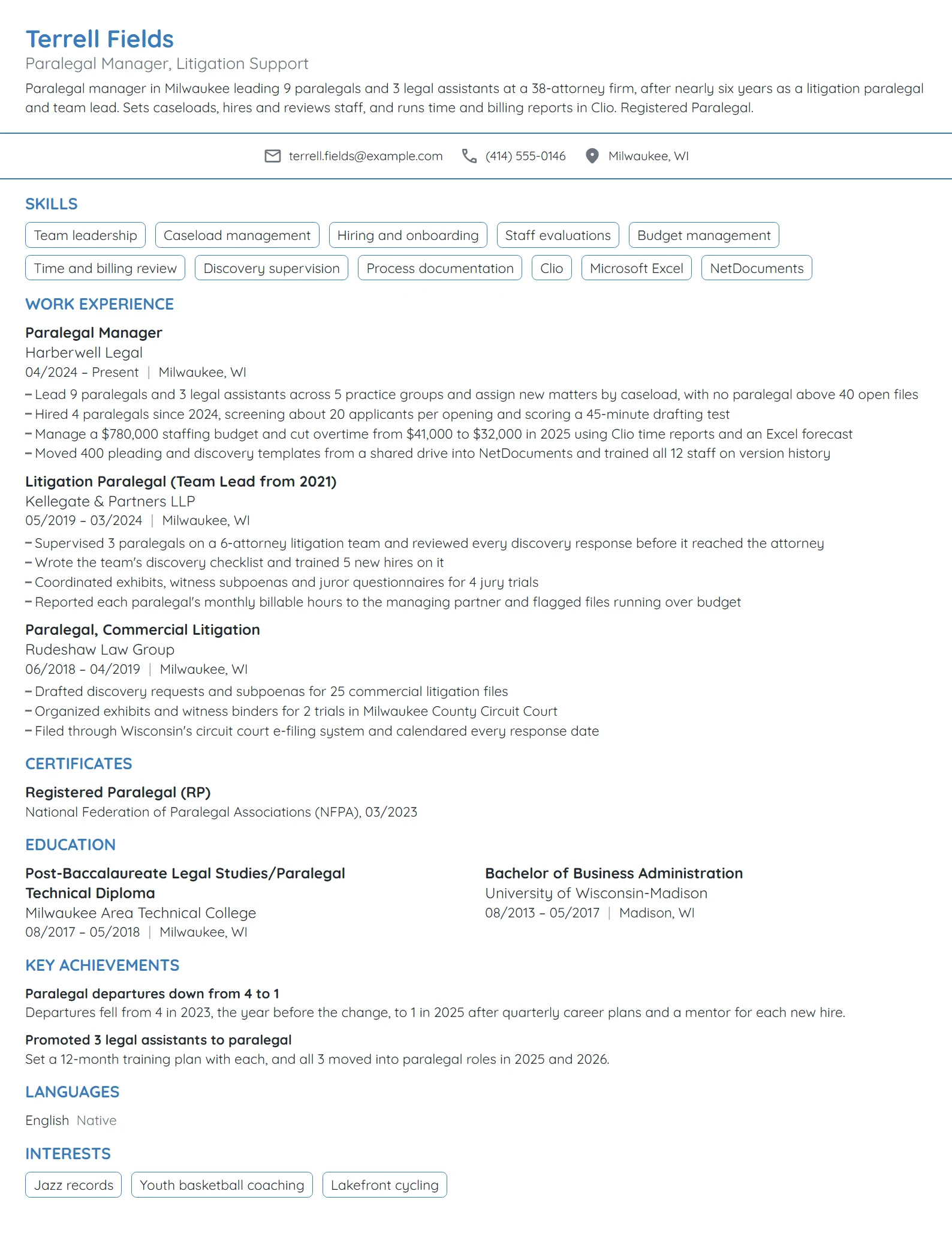Paralegal Manager resume example