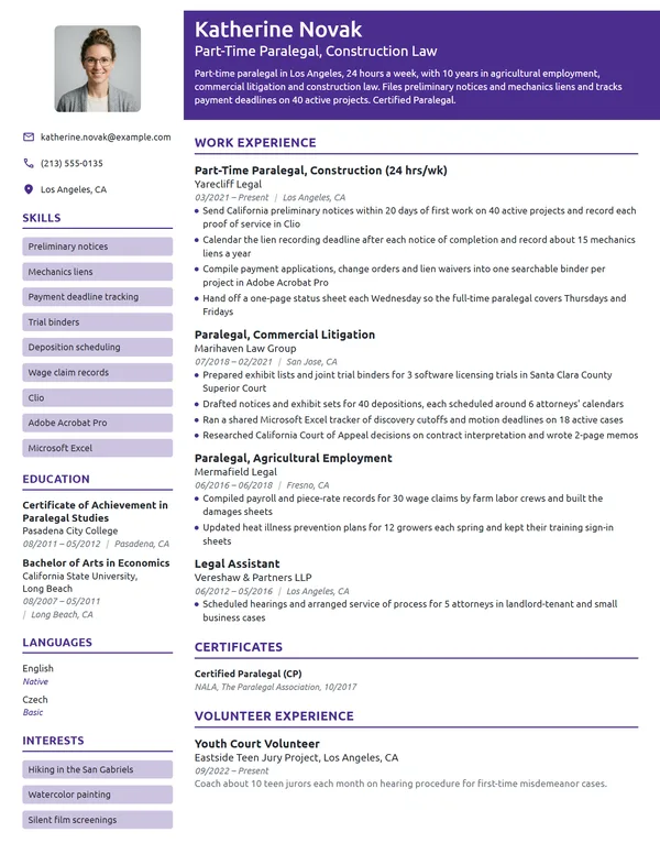 Part-Time Paralegal resume example