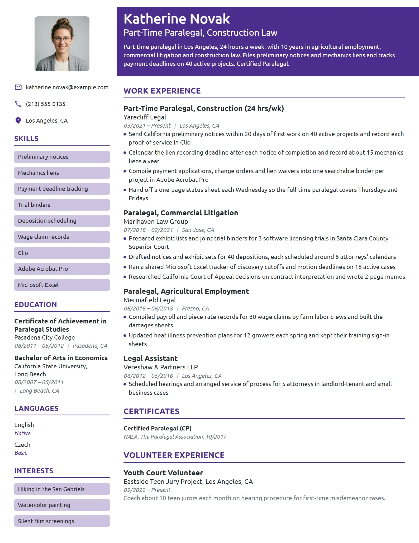 Part-Time Paralegal resume example