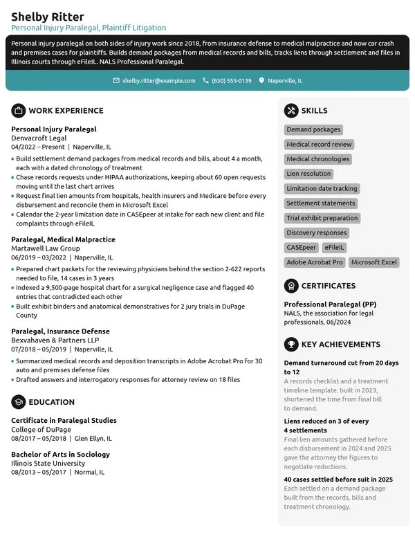 Personal Injury Paralegal resume example