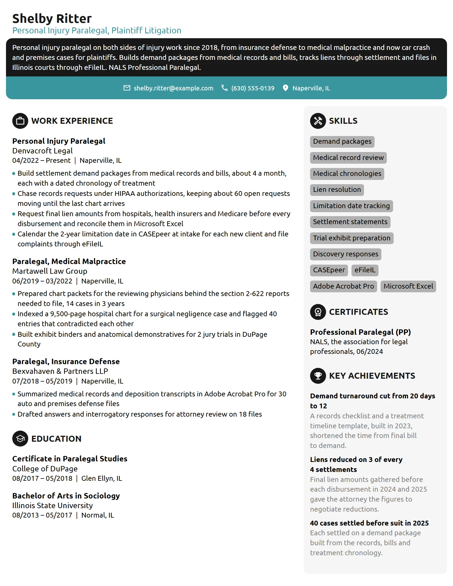 Personal Injury Paralegal resume example