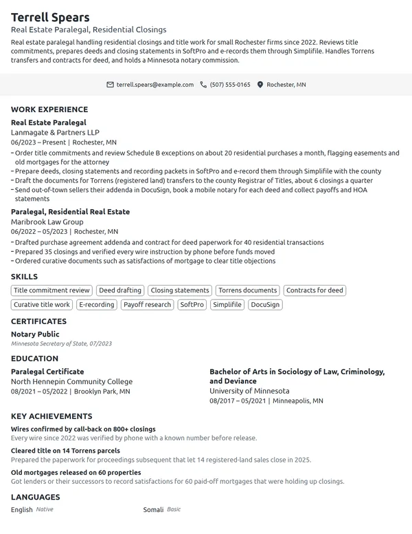 Real Estate Paralegal resume example
