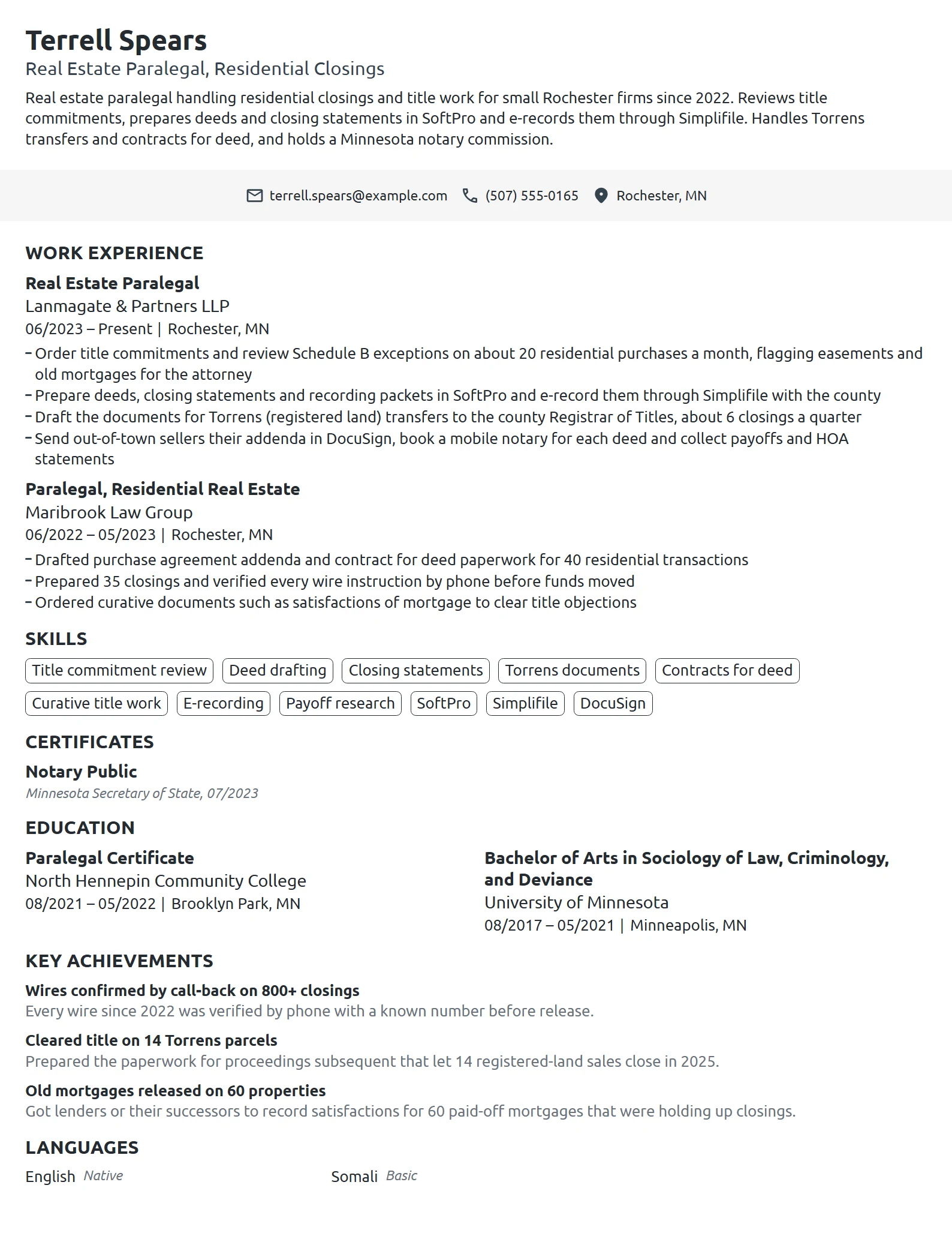 Real Estate Paralegal resume example