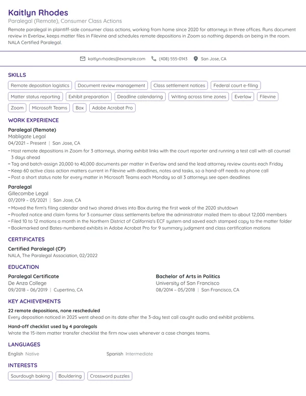 Remote Paralegal resume example