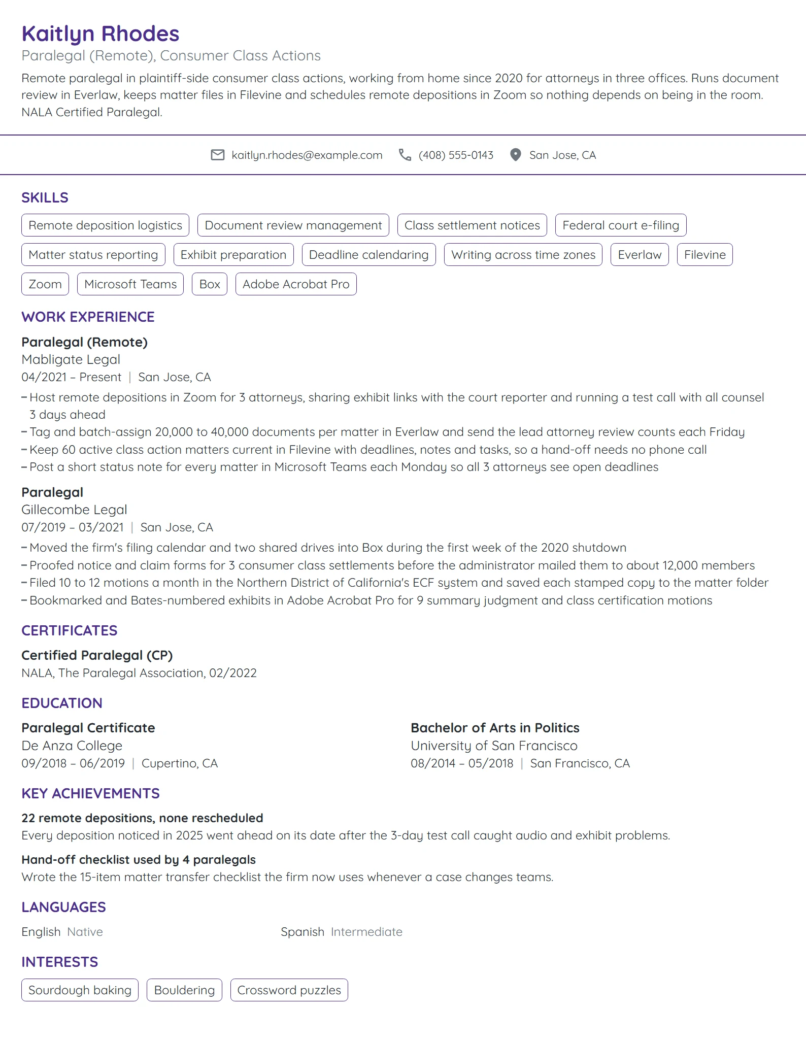 Remote Paralegal resume example