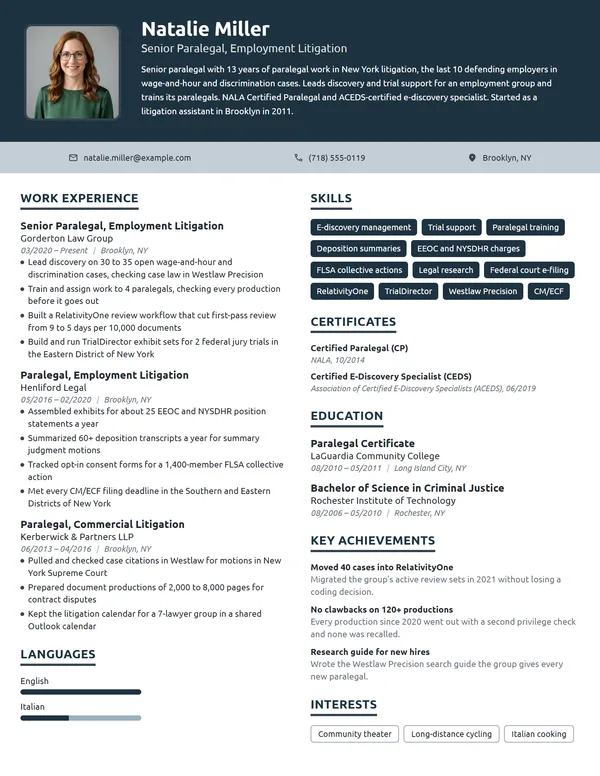 Senior Paralegal resume example