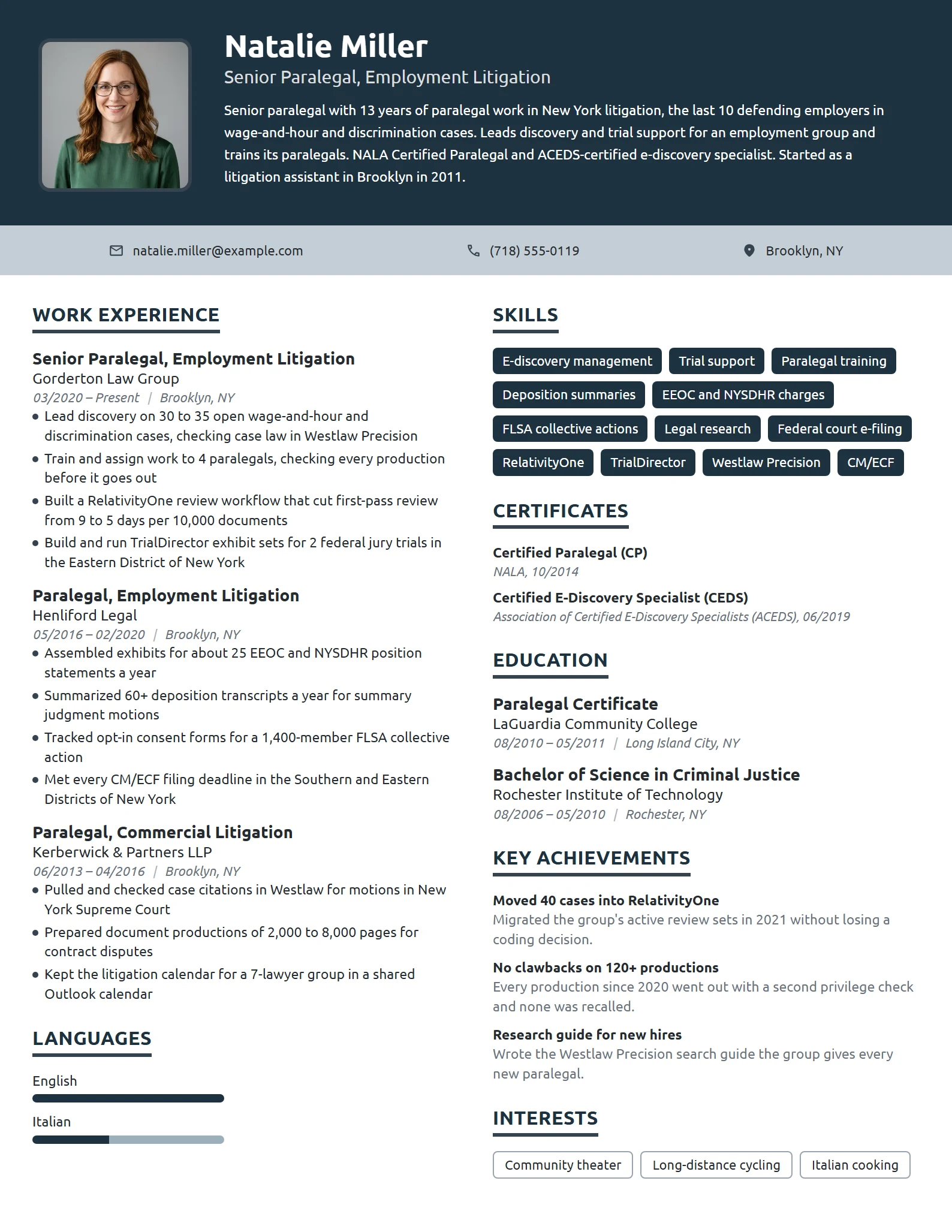Senior Paralegal resume example