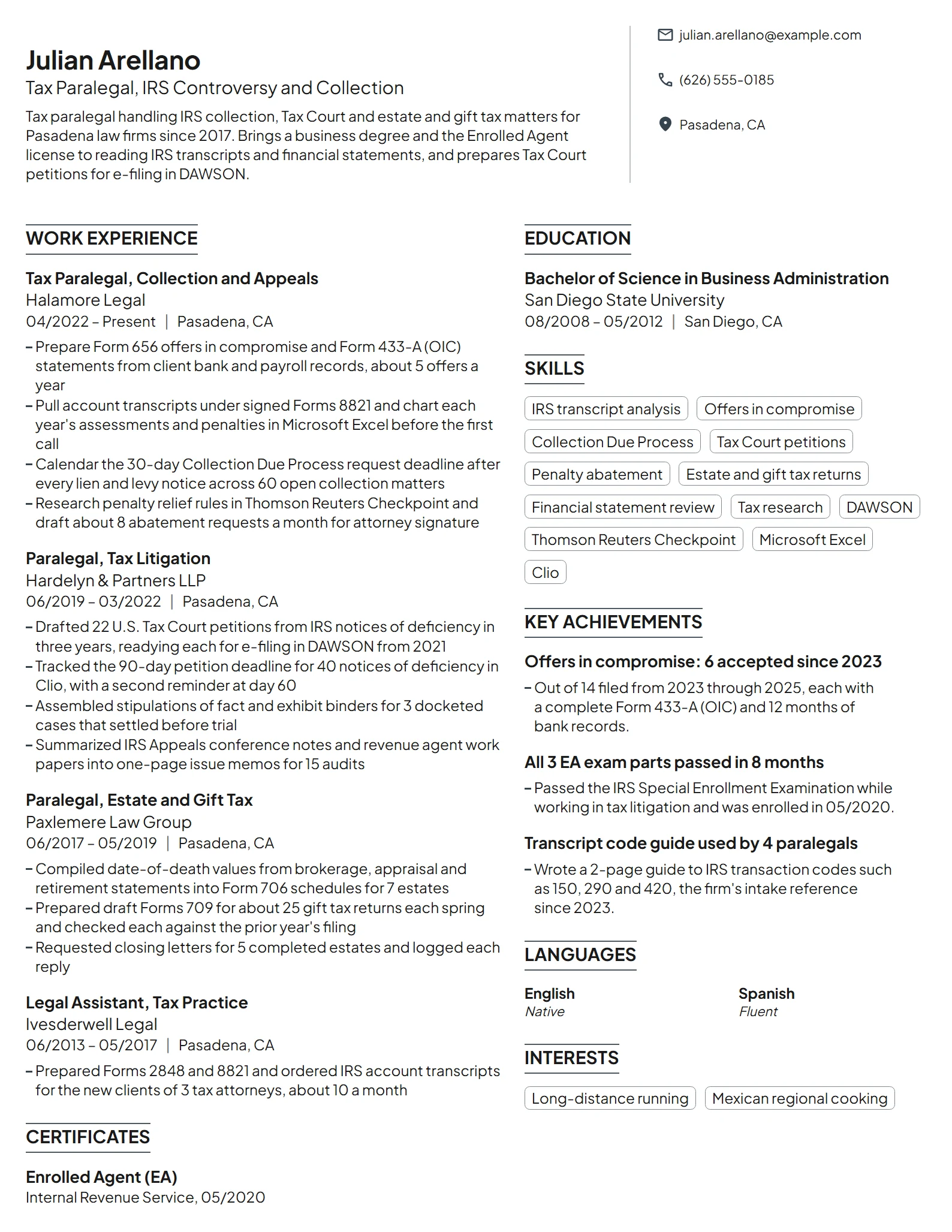 Tax Paralegal resume example