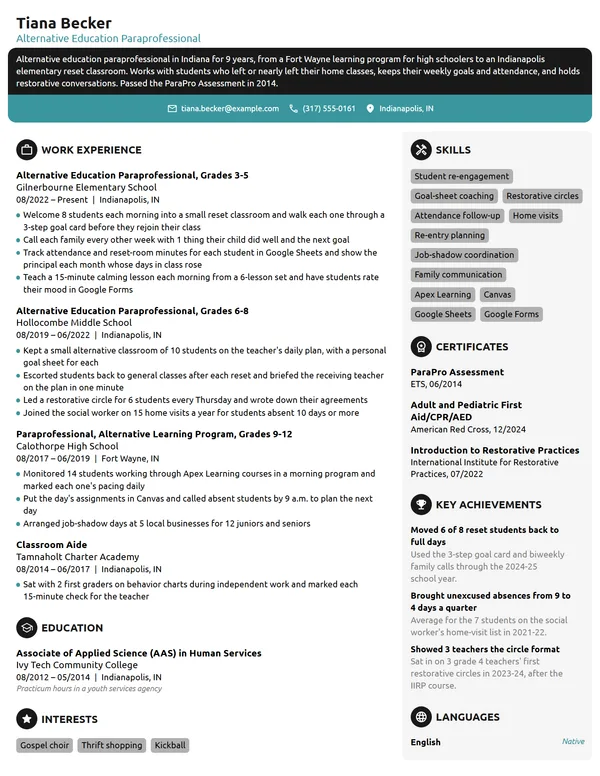 Alternative Education Paraprofessional resume example