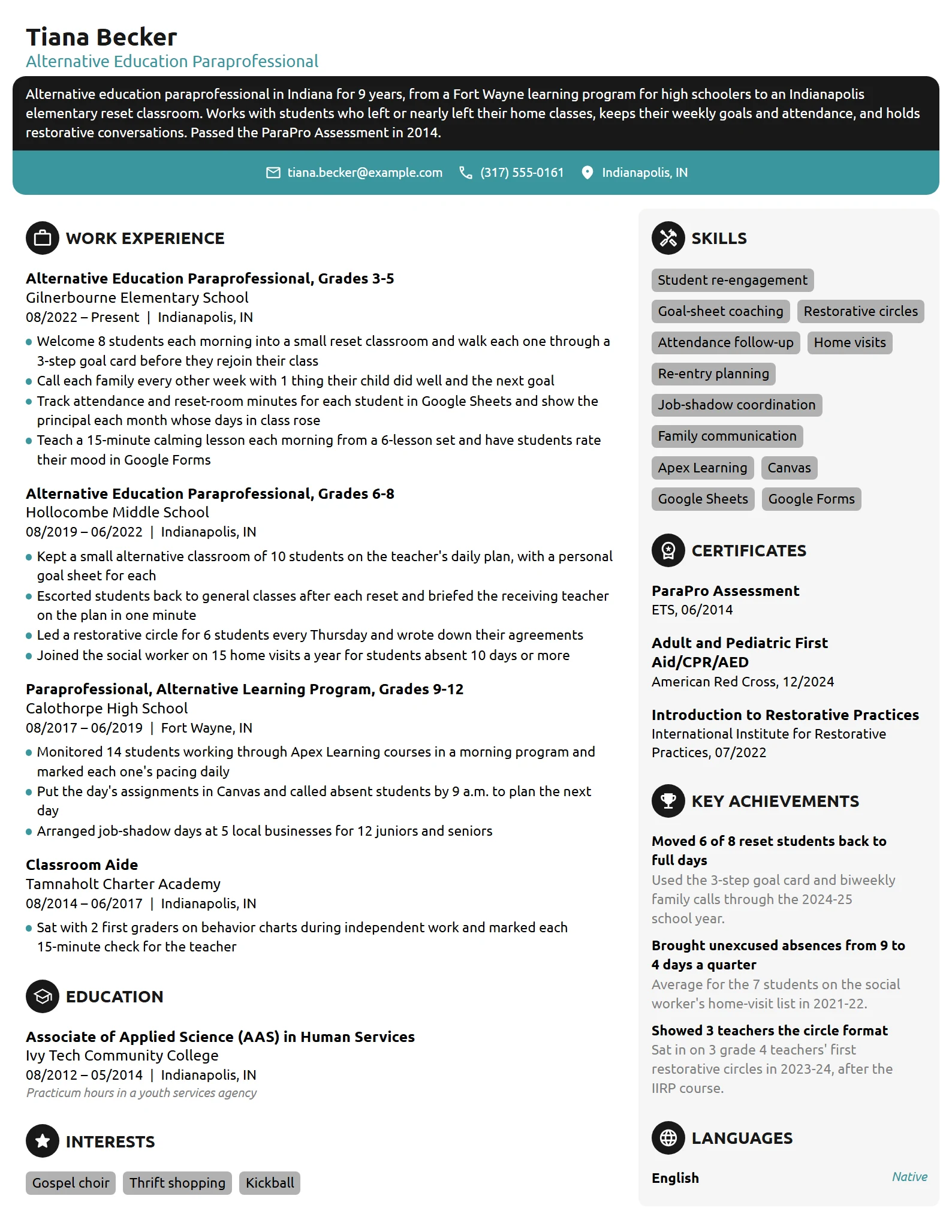Alternative Education Paraprofessional resume example