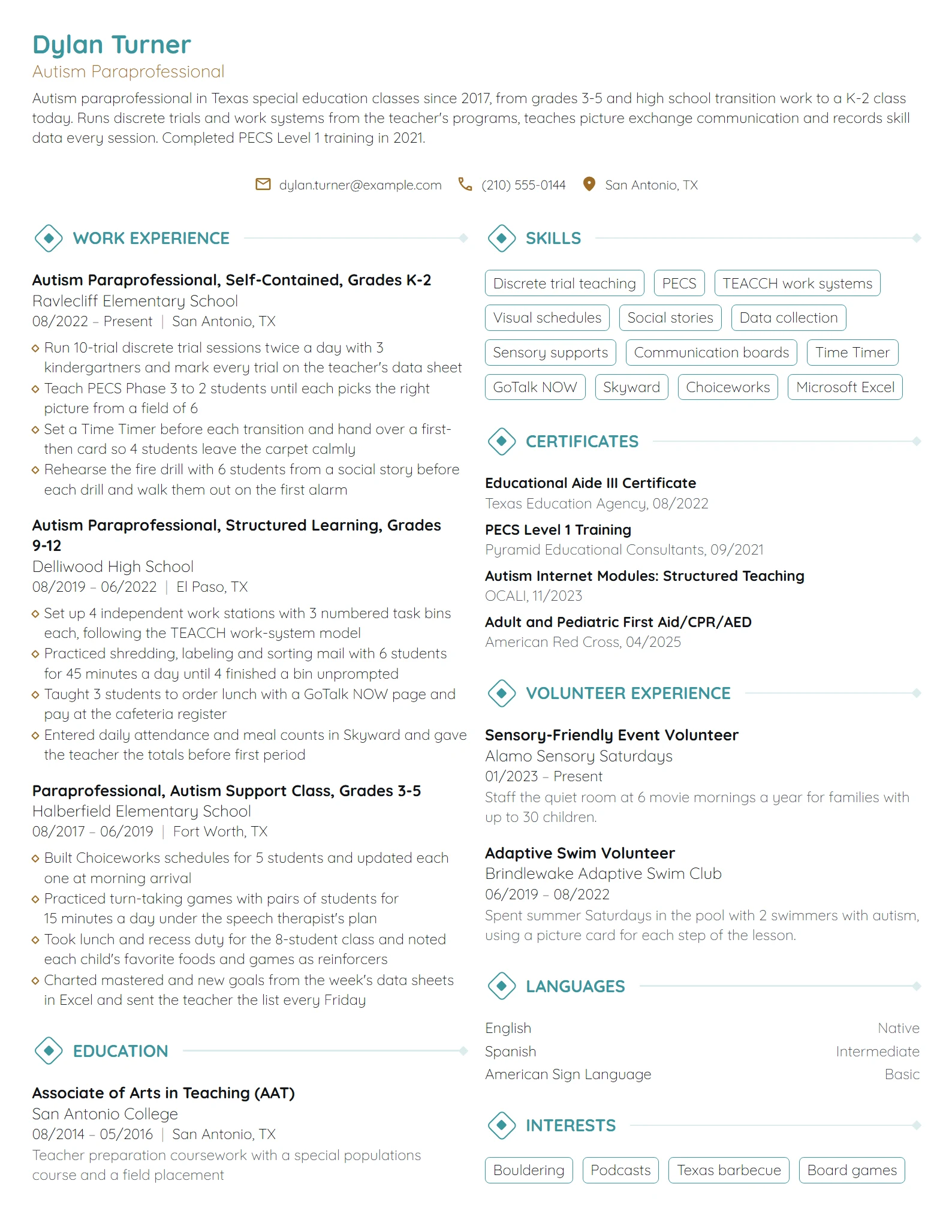 Autism Paraprofessional resume example
