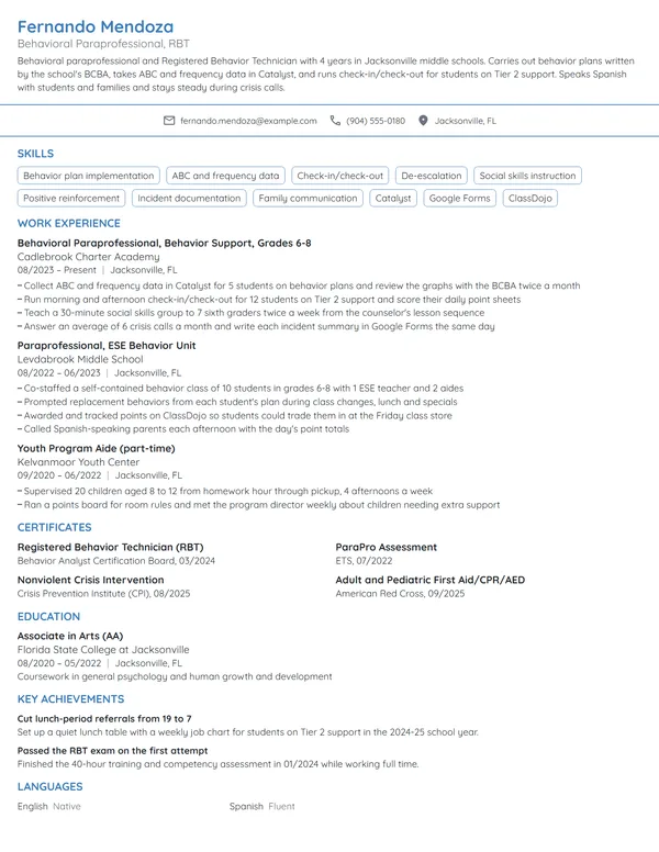 Behavioral Paraprofessional resume example