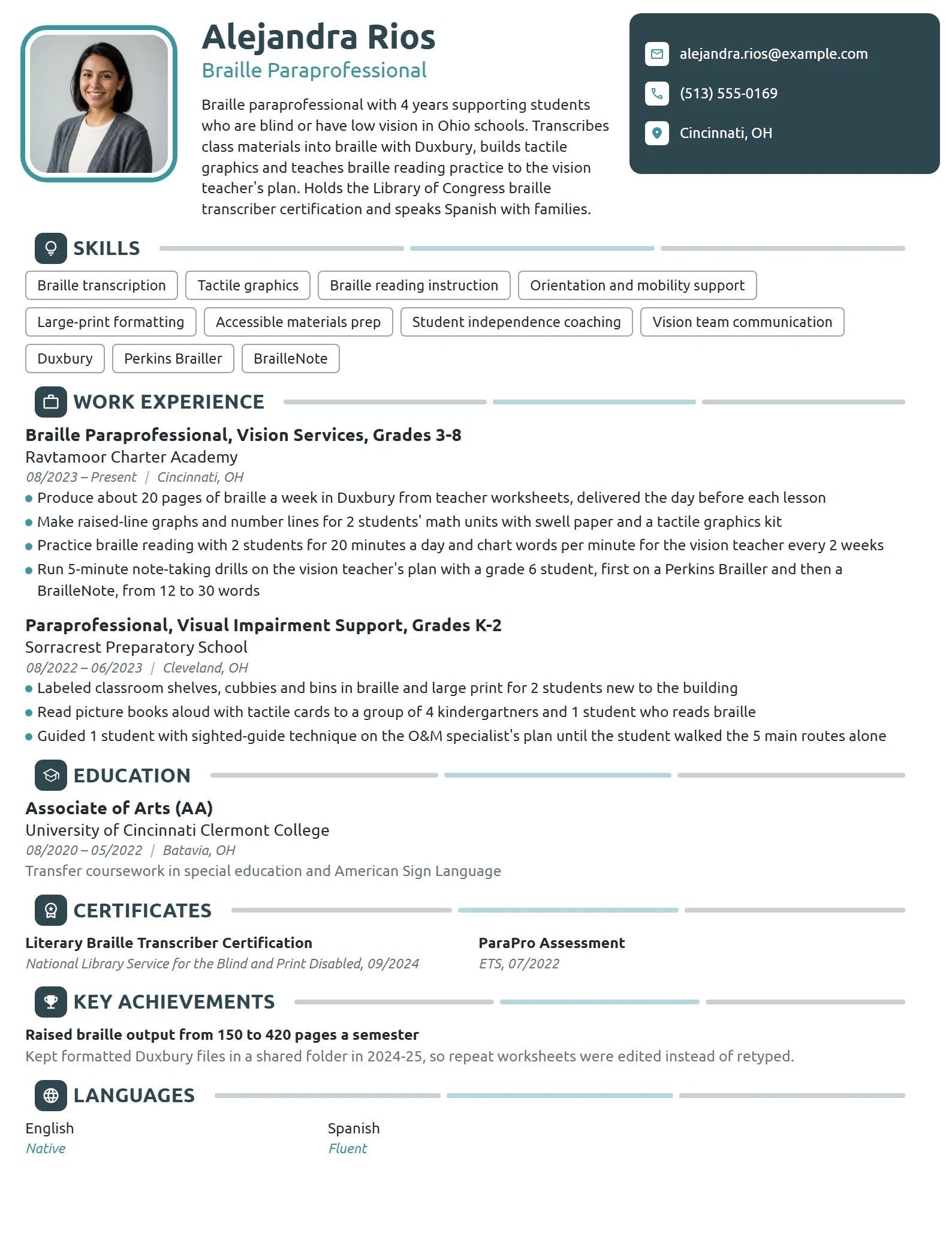 Braille Paraprofessional resume example