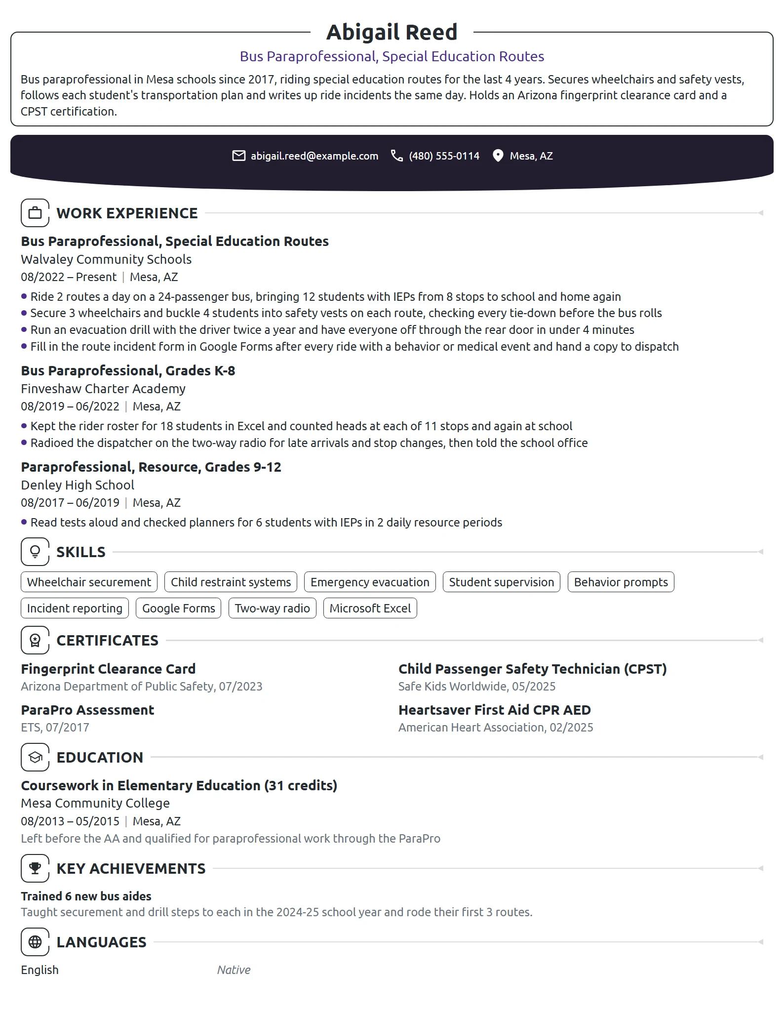 Bus Paraprofessional resume example