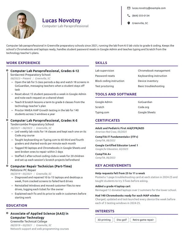 Computer Lab Paraprofessional resume example