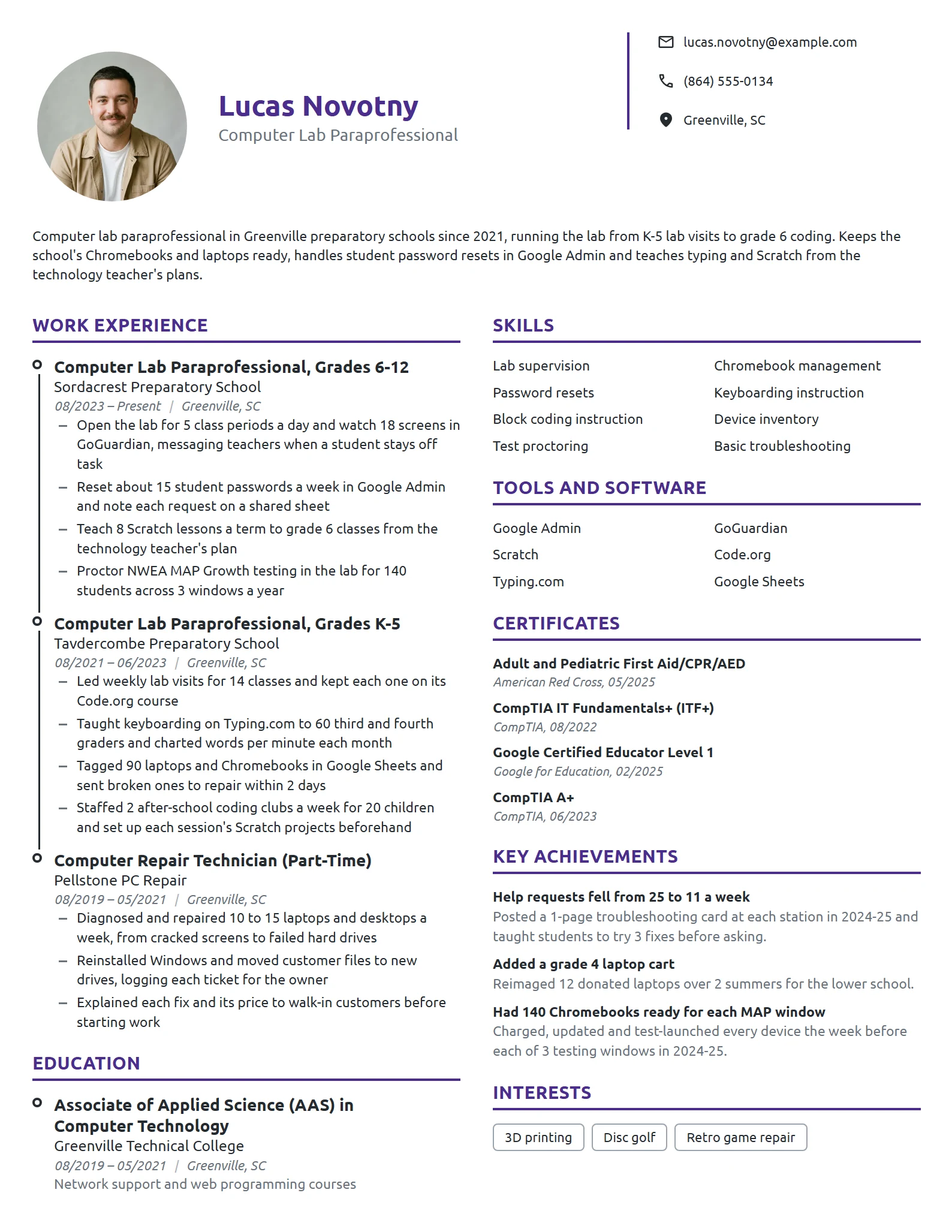 Computer Lab Paraprofessional resume example