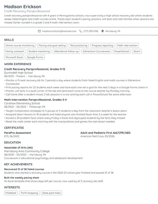 Credit Recovery Paraprofessional resume example