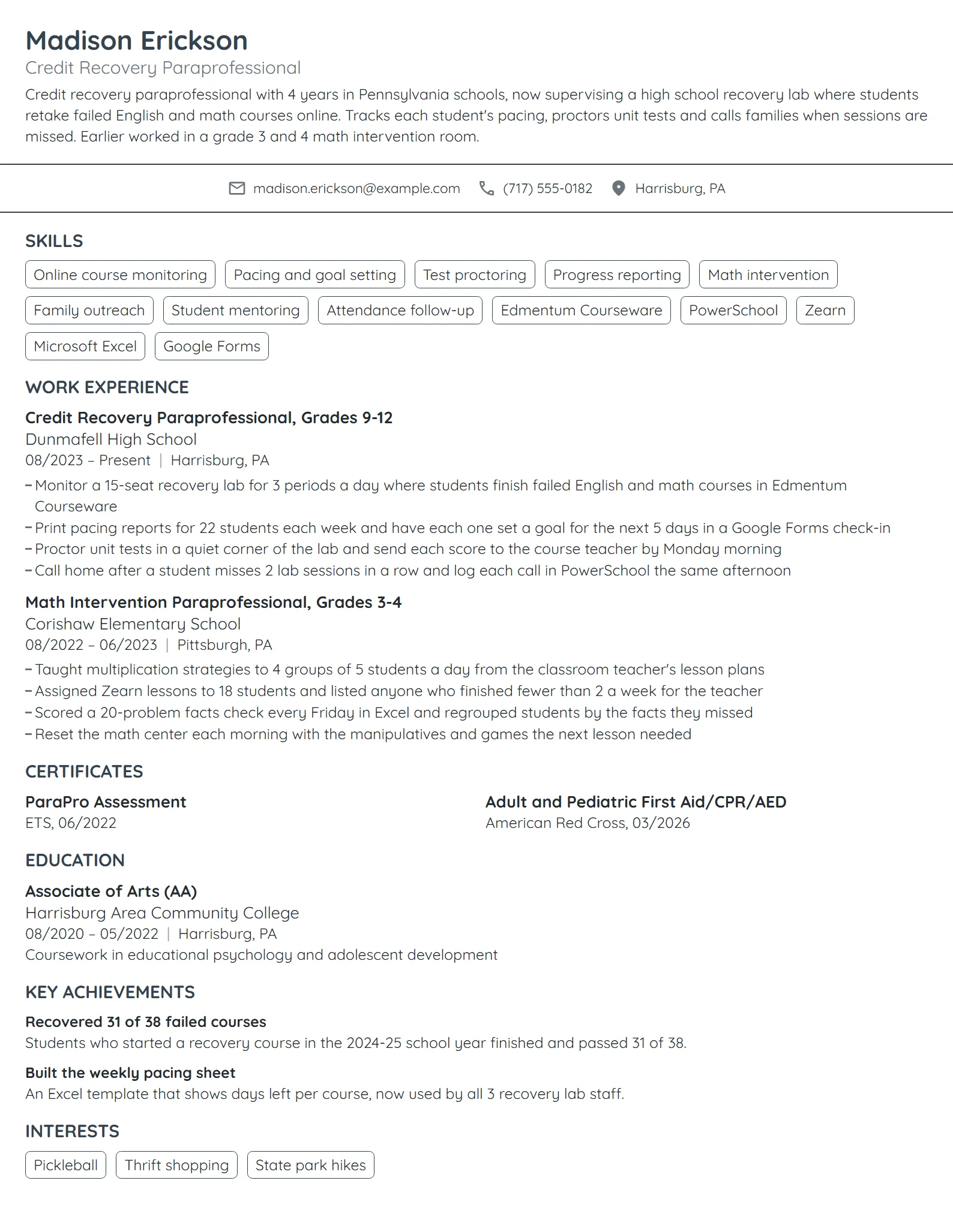 Credit Recovery Paraprofessional resume example